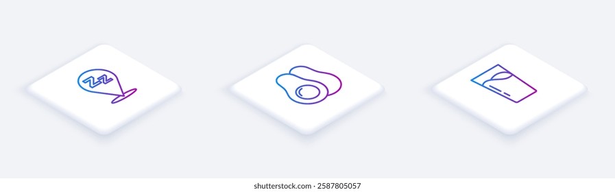 Set Isometric line Sleepy, Avocado fruit and Glass with water. White square button. Vector