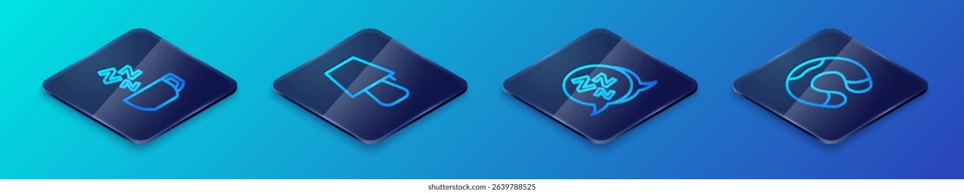 Set Isometric line Sleepy, Chamomile tea, Travel neck pillow and Table lamp icon. Vector