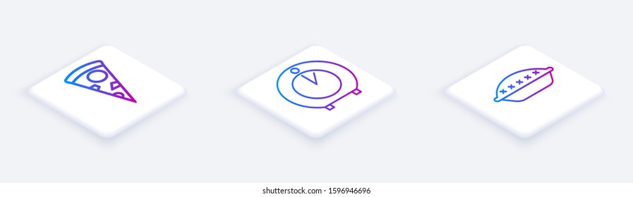 Set Isometric line Slice of pizza , Kitchen timer  and Homemade pie . White square button. Vector