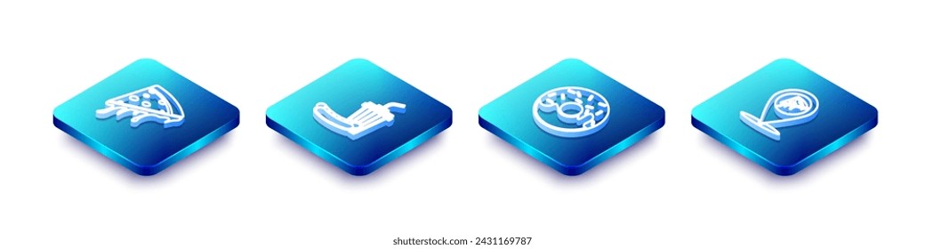 Set Isometric line Slice of pizza, Soda and hotdog, Donut and Location with slice icon. Vector