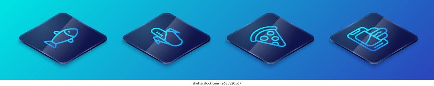 Set Isometric line Slice of pizza, Fish, Food ordering on mobile and Corn icon. Vector