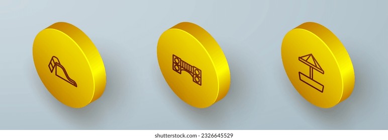 Set Isometric line Slide playground, Playground kids bridge and Sandbox with sand icon. Vector