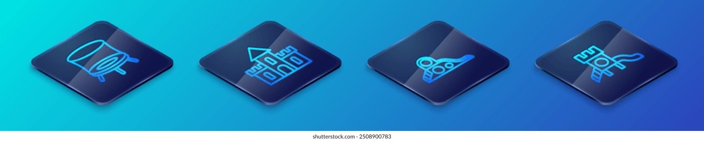 Set Isometric line Slide playground, Jumping trampoline,  and Sand castle icon. Vector
