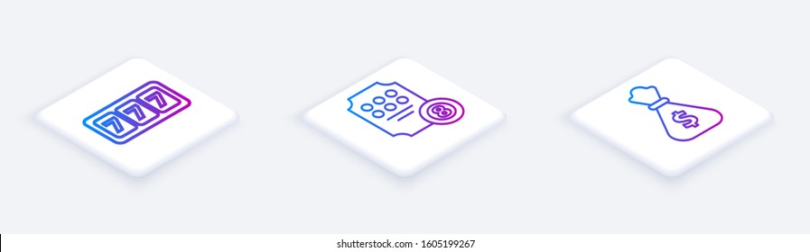Set Isometric line Slot machine with lucky sevens jackpot, Online slot machine and Money bag. White square button. Vector