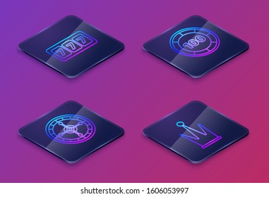 Set Isometric line Slot machine with lucky sevens jackpot, Casino roulette wheel, Casino chips and Crown. Blue square button. Vector