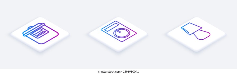 Set Isometric line Slow cooker , Remote control and Table lamp . White square button. Vector