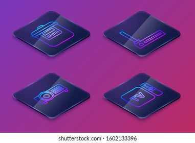 Set Isometric line Slow cooker , Presentation, movie, film, media projector , Router and wi-fi signal  and TV box receiver and player with remote controller . Blue square button. Vector