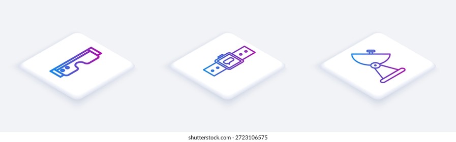 Set Isometric line Smart glasses, Smartwatch and Radar. White square button. Vector