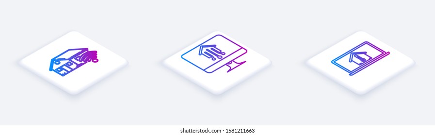 Set Isometric line Smart home with wi-fi, Computer monitor with smart home and Laptop with house temperature. White square button. Vector