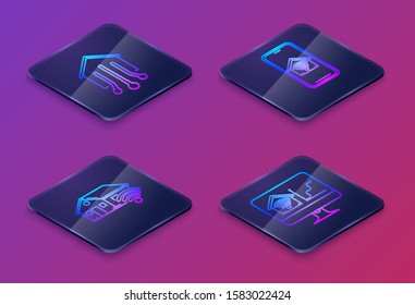 Set Isometric line Smart home, Smart home with wi-fi, Mobile phone with smart home with wi-fi and Computer monitor with smart home with wi-fi. Blue square button. Vector