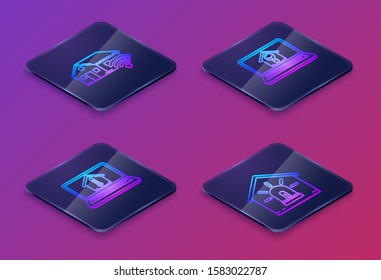 Set Isometric line Smart home with wi-fi, Laptop with house temperature, Laptop with smart house and light bulb and Smart house and alarm. Blue square button. Vector