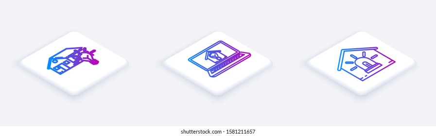Set Isometric line Smart house and light bulb, Laptop with smart house and light bulb and Smart house and alarm. White square button. Vector
