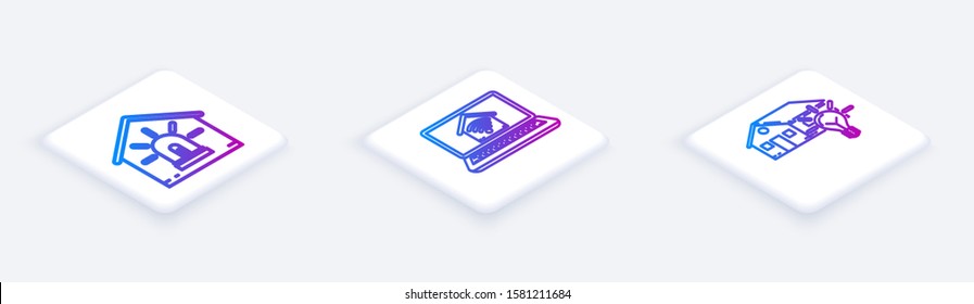 Set Isometric line Smart house and alarm, Laptop with smart home with wi-fi and Smart house and light bulb. White square button. Vector