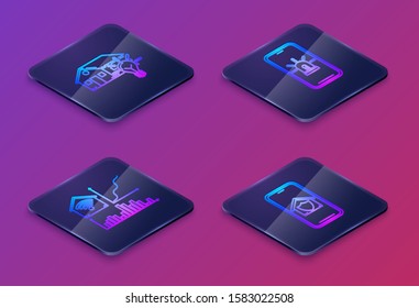 Set Isometric line Smart house and light bulb, Smart home with wi-fi, Mobile phone with smart house and alarm and Mobile phone with house under protection. Blue square button. Vector