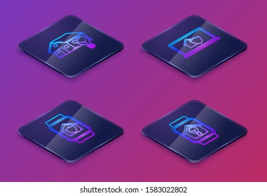Set Isometric line Smart house and light bulb, Smart watch with house under protection, Laptop with house under protection and Smart watch with smart house and light bulb. Blue square button. Vector