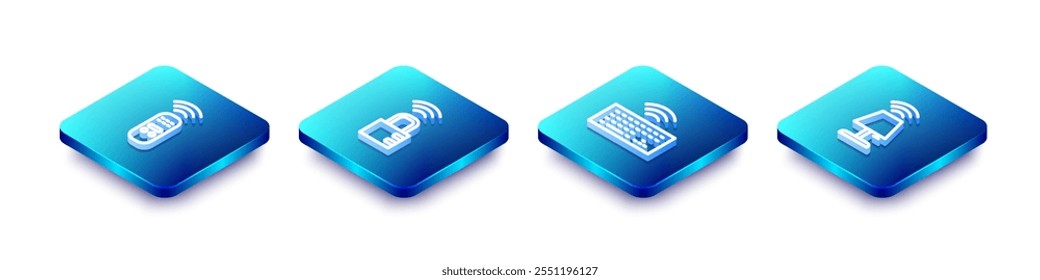 Set Isometric line Smart remote control, safe combination lock, Wireless keyboard and table lamp icon. Vector