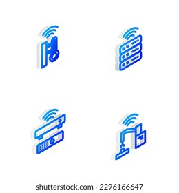 Set Isometric line Smart server, thermometer, Wireless TV box receiver and Robotic robot arm hand factory icon. Vector