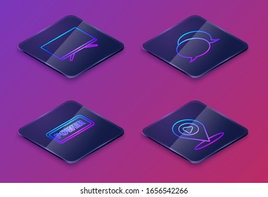 Set Isometric line Smart Tv, Power button, Speech bubble chat and Digital media play with location. Blue square button. Vector