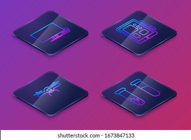 Set Isometric line Smart Tv, Drone flying, Graphic tablet and Test tube and flask. Blue square button. Vector