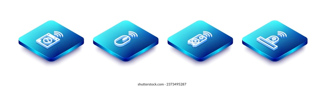Set Isometric line Smart washer, Wireless mouse, stereo speaker and security camera icon. Vector