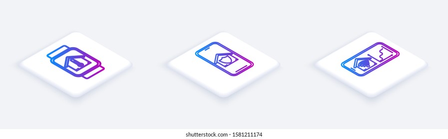 Set Isometric line Smart watch with house temperature, Mobile phone with house under protection and Mobile phone with smart home with wi-fi. White square button. Vector
