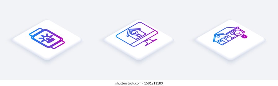 Set Isometric line Smart watch with smart house and alarm, Computer monitor with smart house and light bulb and Smart house and light bulb. White square button. Vector