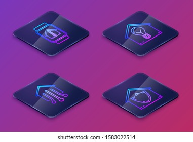 Set Isometric line Smart watch with house temperature, Smart home, Smart house and light bulb and House under protection. Blue square button. Vector