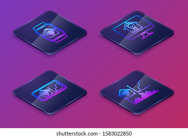 Set Isometric line Smart watch with smart home with wi-fi, Mobile phone with smart home with wi-fi, Computer monitor with smart house and light bulb. Blue square button. Vector