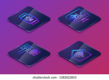 Set Isometric line Smart watch with smart house and alarm, Digital door lock with wireless technology for unlock, Computer monitor with smart home with wi-fi and Smart home with wi-fi. Vector