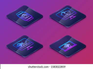 Set Isometric line Smart watch with house under protection, Computer monitor with smart home with wi-fi, Computer monitor with house under protection and Laptop with smart home with wi-fi. Vector