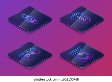 Set Isometric line Smart watch showing heart beat rate , Gamepad , Measuring cup and Remote control. Blue square button. Vector