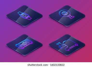 Set Isometric line Smart watch showing heart beat rate , Digital alarm clock , Web camera  and Kitchen meat grinder . Blue square button. Vector
