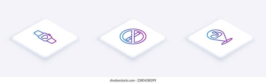 Set Isometric line Smart watch, No Smoking and Bodybuilder muscle. White square button. Vector