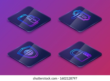 Set Isometric line Smartphone with closed padlock , Shield with world globe , Door handle  and Safe combination lock . Blue square button. Vector
