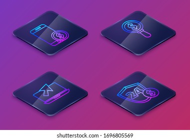 Set Isometric line Smartphone with dollar, Laptop and cursor, Magnifying glass and dollar and Shield with dollar. Blue square button. Vector
