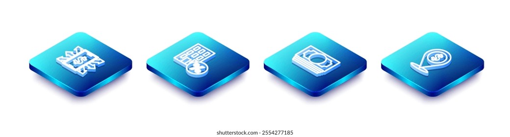 Set Isometric line Smartphone with dollar, House percant discount, Stacks paper money cash and Cash location icon. Vector