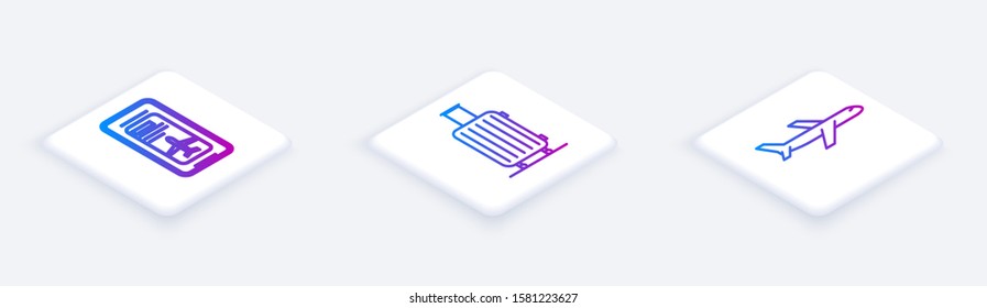 Set Isometric line Smartphone with electronic boarding pass airline ticket, Suitcase for travel and Plane. White square button. Vector