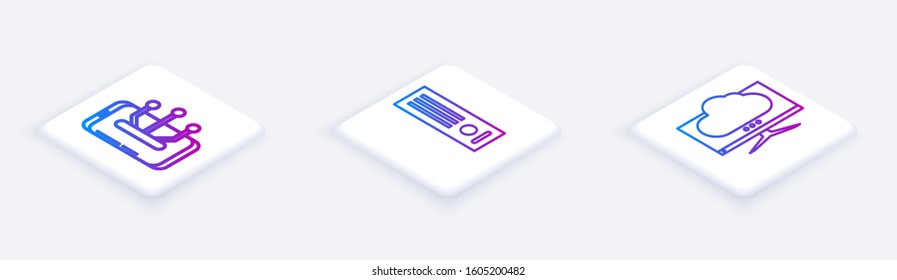Set Isometric line Smartphone, mobile phone, Video game console and Computer monitor screen. White square button. Vector
