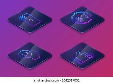 Set Isometric line Smartphone, mobile phone, Head people with play button, Rewind and Hand like. Blue square button. Vector