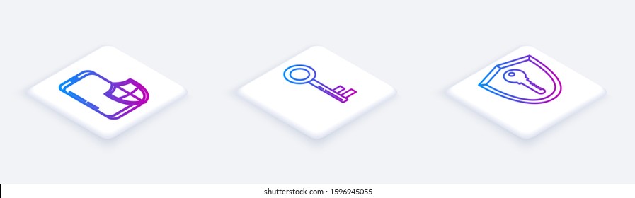Set Isometric line Smartphone with security shield , Key  and Shield with key . White square button. Vector