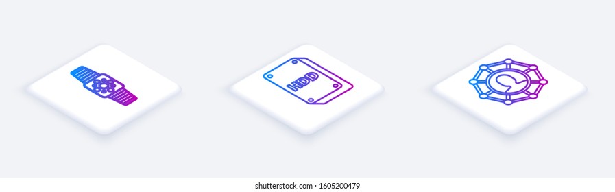 Set Isometric line Smartwatch, Hard disk drive HDD and Project team base. White square button. Vector