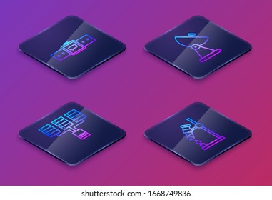Set Isometric line Smartwatch, Server, Data, Web Hosting, Radar and Test tube flask on fire. Blue square button. Vector