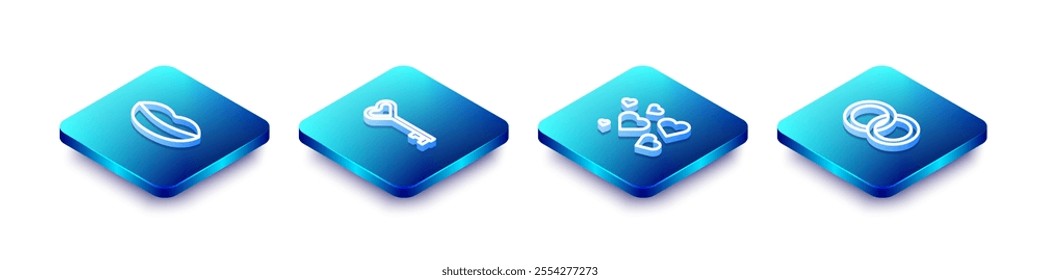 Set Isometric line Smiling lips, Key heart shape, Heart and Wedding rings icon. Vector