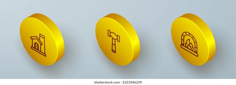 Set Isometric line Smithy workshop interior, Hammer and Blacksmith oven icon. Vector