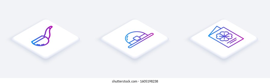 Set Isometric line Smoking pipe, Leprechaun hat and Saint Patricks Day flyer, brochure, postcard. White square button. Vector