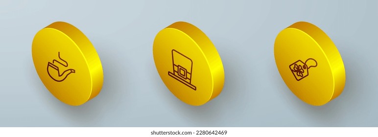 Set Isometric line Smoking pipe, Leprechaun hat and Clover trefoil leaf with tag icon. Vector