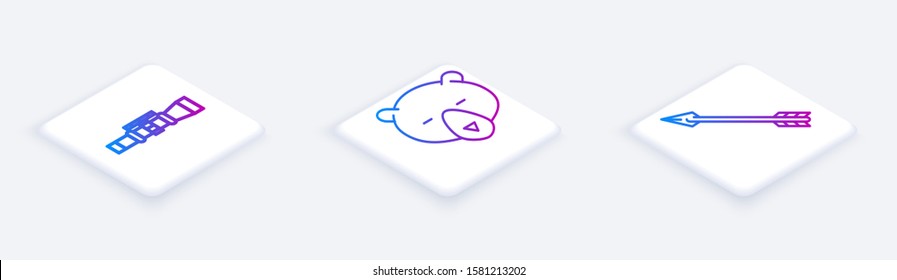 Set Isometric line Sniper optical sight, Bear head and Hipster arrow. White square button. Vector