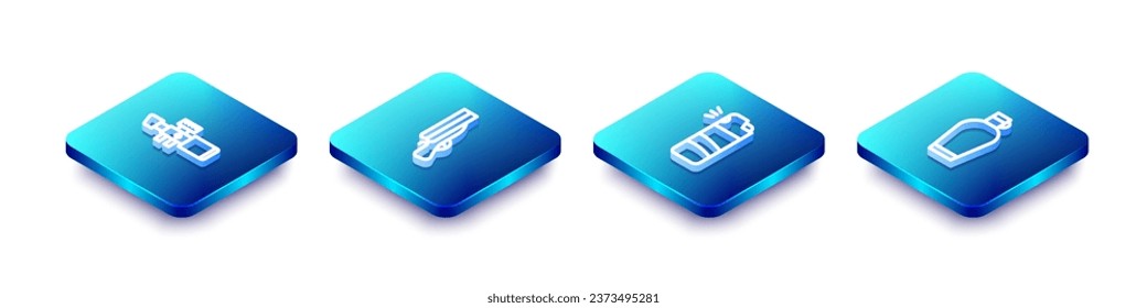 Set Isometrische Linie Sniper optische Sicht, Shotgun, Pfefferspray und Canteen Wasserflasche Icon. Vektorgrafik
