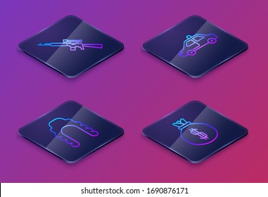 Set Isometric line Sniper rifle with scope, Judge wig, Police car and flasher and Money bag. Blue square button. Vector
