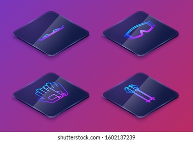 Set Isometric line Snowboard, Gloves, Ski goggles and Ski poles. Blue square button. Vector